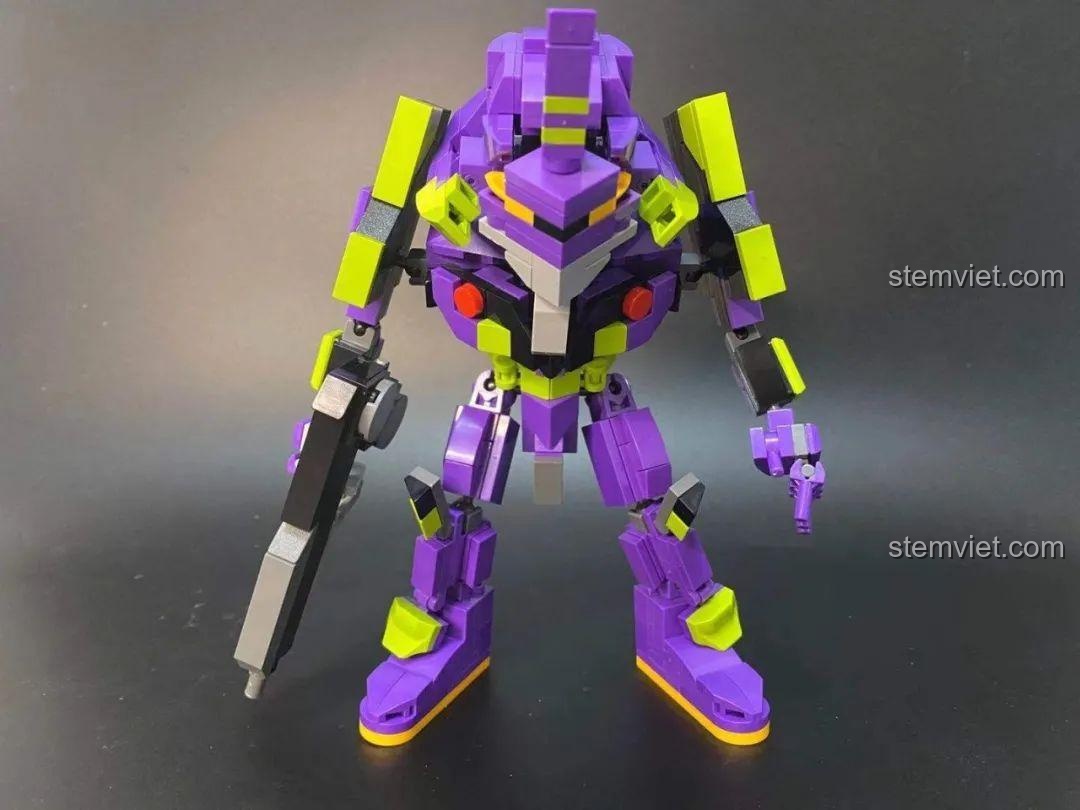 Mô hình robot Evangelion Keeppley K20302 hoàn thiện tạo dáng với khẩu súng điện từ trên tay.