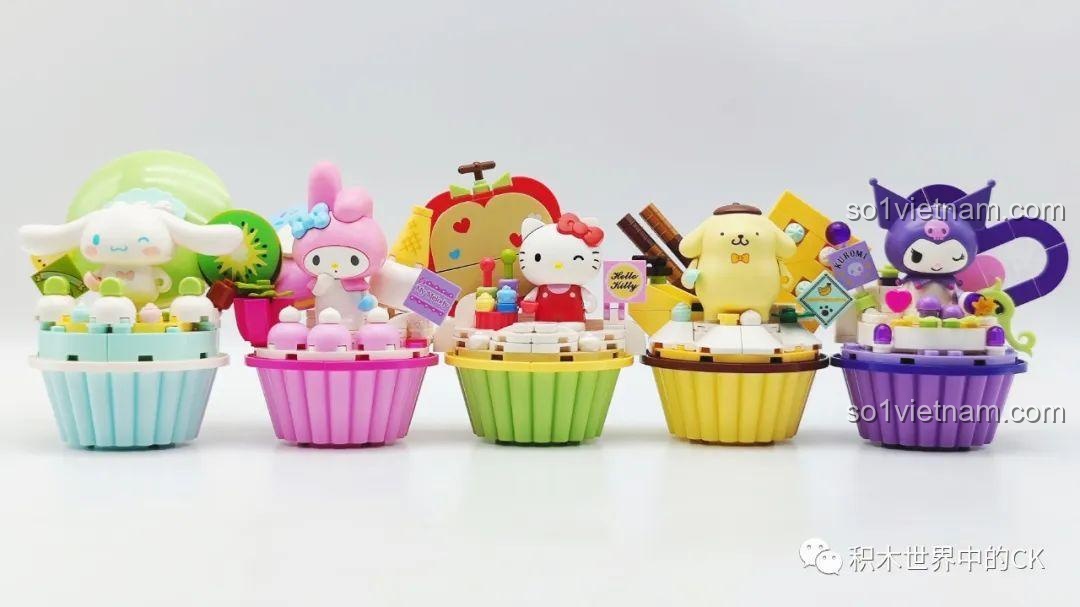 Nhóm các nhân vật Sanrio Cupcake của Keeppley, với Cinnamoroll và Hello Kitty nổi bật.