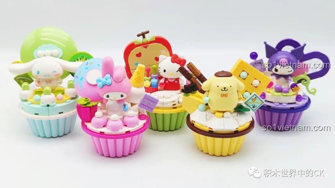 Nhóm các nhân vật Sanrio Cupcake của Keeppley, với Cinnamoroll, My Melody và Kuromi nổi bật.