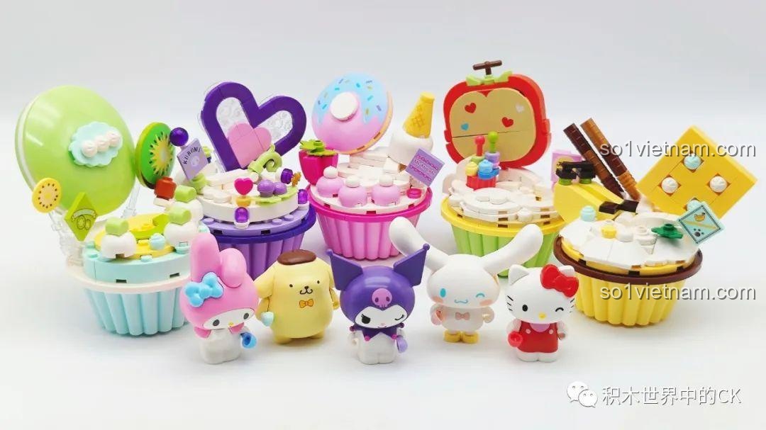 Nhóm các nhân vật Sanrio Cupcake của Keeppley, với Pompompurin và Hello Kitty nổi bật.