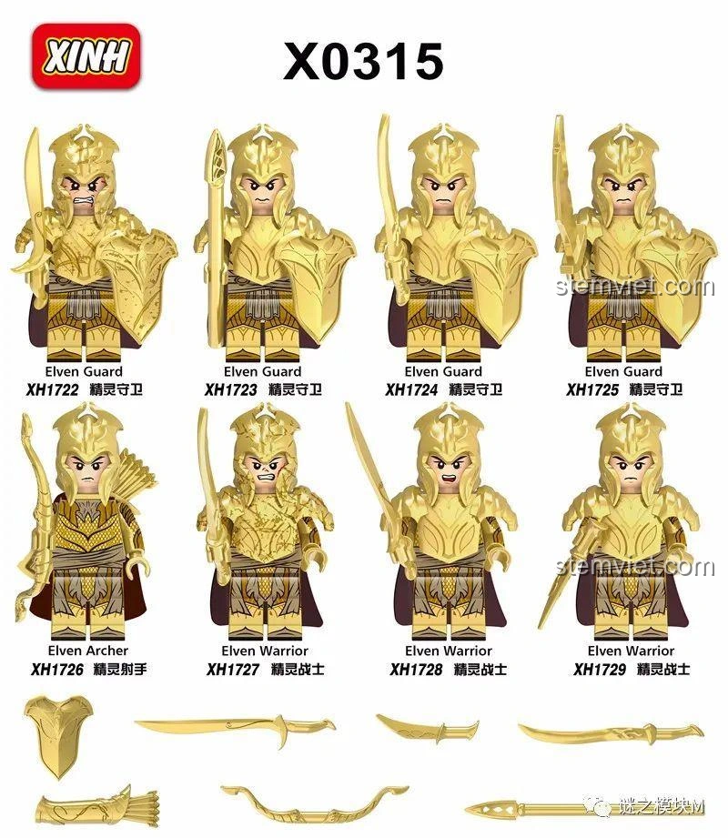 Review Bộ 8 Minifigure Lính Gác Tinh Linh XINH X0315: Đội quân vàng rực đáng sở hữu!