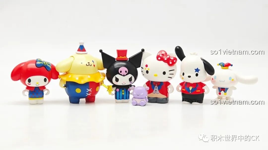 Toàn bộ 6 minifigure trong bộ sưu tập Keeppley Gánh Xiếc Sanrio, bao gồm Hello Kitty, My Melody, Kuromi, Pompompurin.