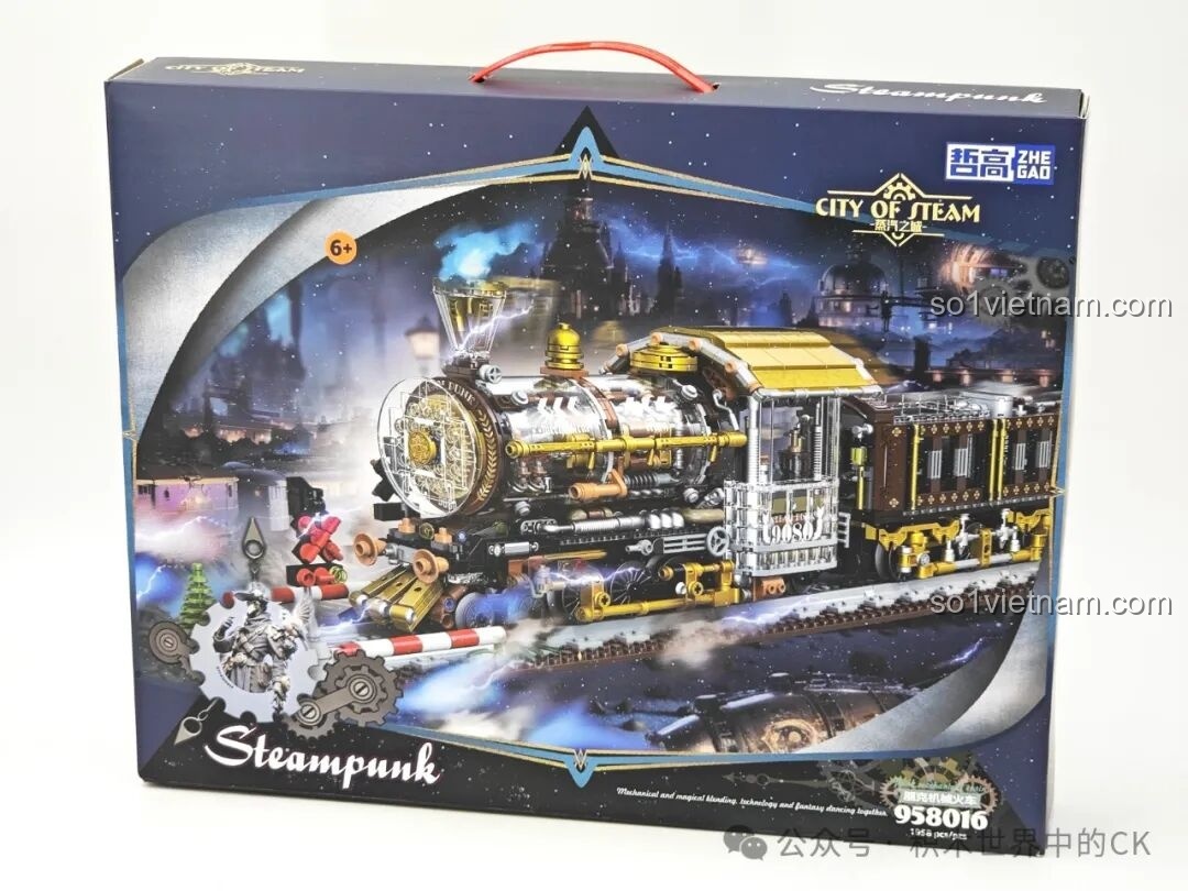 Mặt trước hộp đồ chơi lắp ráp ZHEGAO 958016 Tàu Hỏa Cơ Khí Steampunk Thành Phố Hơi Nước với hình ảnh mô hình hoàn thiện.