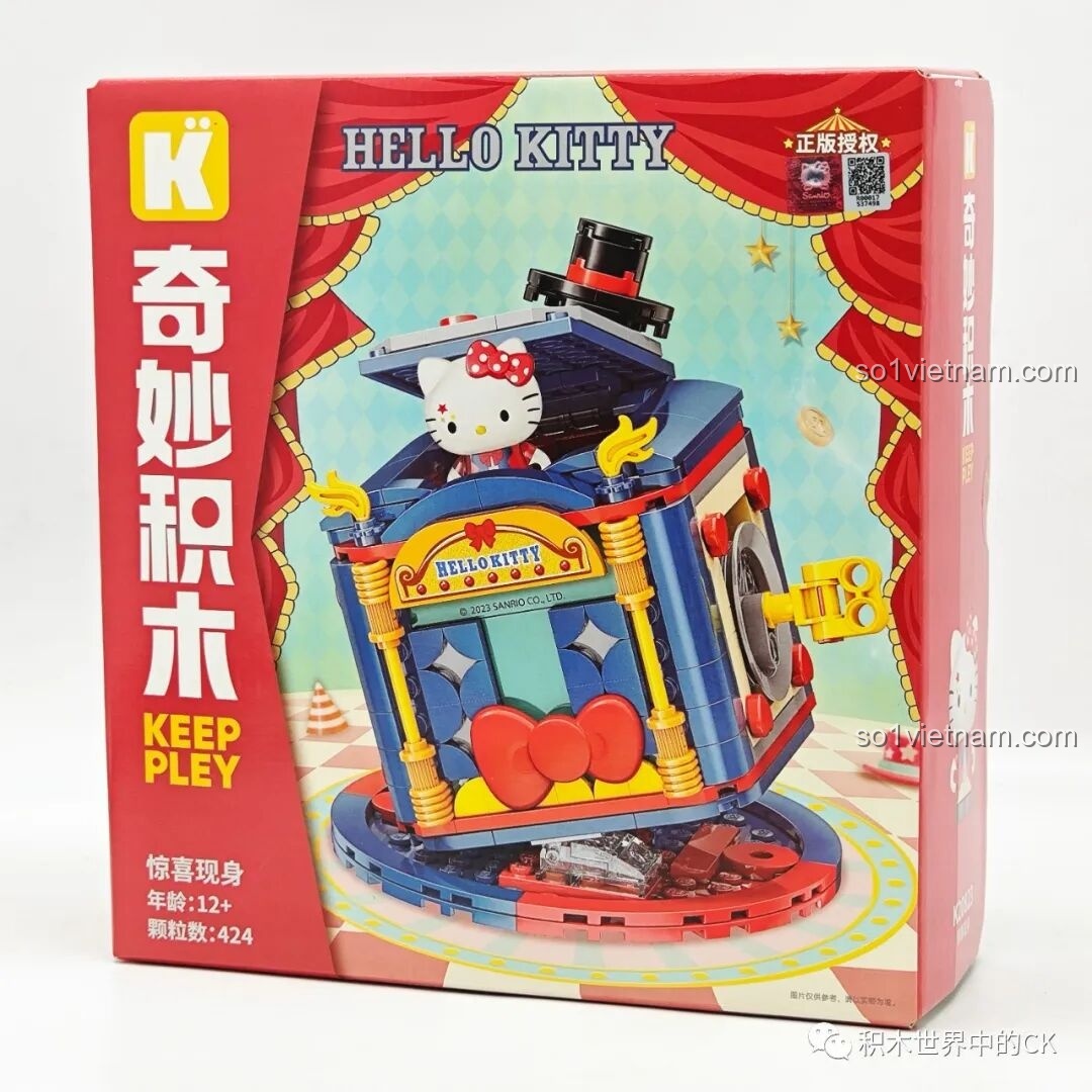 Hộp đồ chơi lắp ráp Keeppley K20823 chủ đề Gánh Xiếc Sanrio với nhân vật chính là Hello Kitty trong màn ảo thuật.