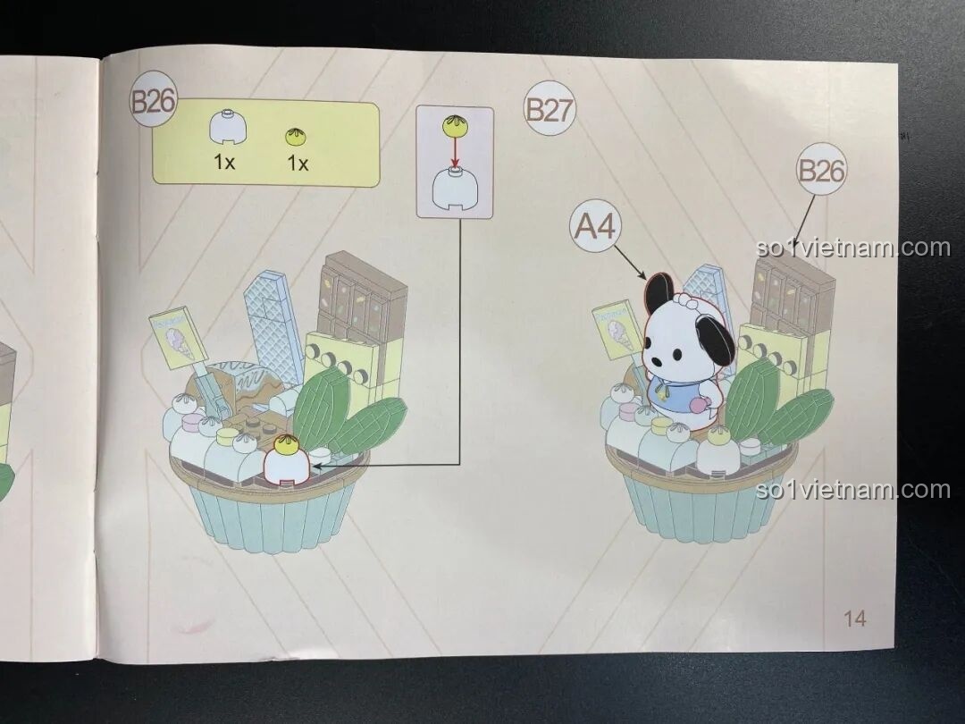 Trang hướng dẫn chi tiết các bước lắp ráp cuối cùng của bộ Keeppley Pochacco cupcake.