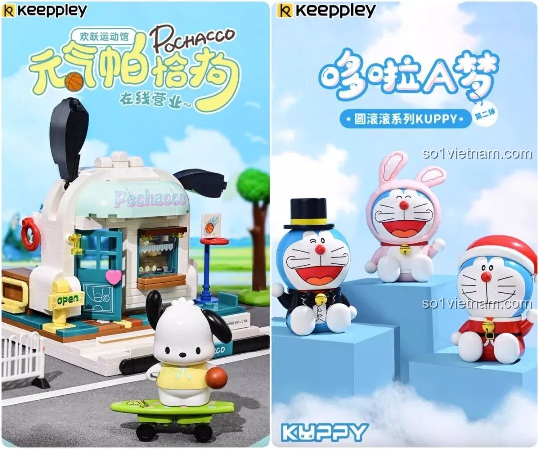 Poster quảng cáo chính thức từ Keeppley cho các dòng sản phẩm Pochacco và Doraemon KUPPY.