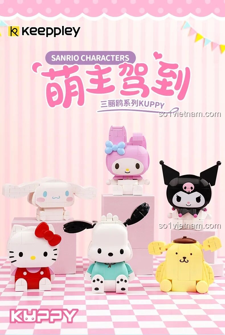 Poster quảng cáo series Keeppley Sanrio KUPPY với các nhân vật Hello Kitty, Kuromi, Cinnamoroll.